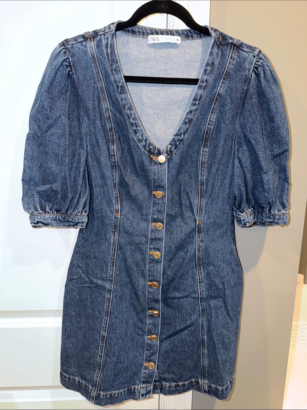 Zara Blue Denim Mini Dress with Puff Sleeves